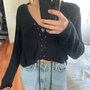 LF Millau Black Cropped Knit Lace Up Front Sweater - Size Medium